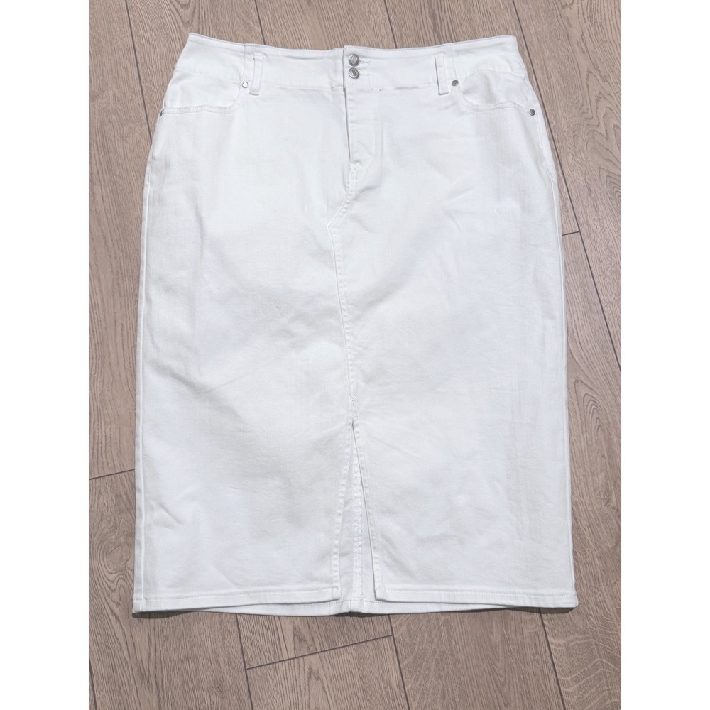 Ophelia Roe White Denim Midi Skirt 2X Plus Size Straight Pencil Jean Stretch NEW